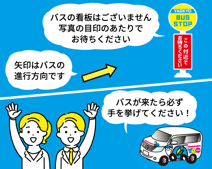 バスの看板はございません。写真の目印のあたりでお待ちください。バスが来たら必ず手を挙げてください！
